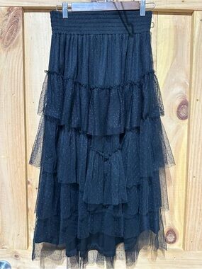 Black Tiered Mesh Maxi Skirt - Women